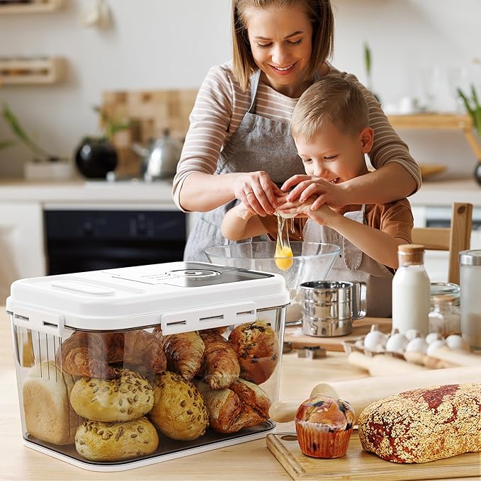 Bread Box For Kitchen Countertop, Airtight Bread Storage Container, Bread Keeper For Homemade Bread, Cookies, Cereal, Fruits, 10L White.