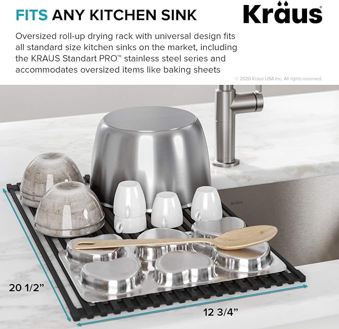 Kraus Multipurpose Over-Sink Roll-Up Dish Drying Rack, Colander and Trivet in Dark Grey, KRM-10DG