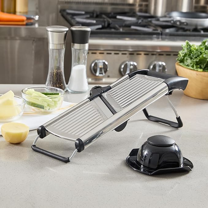 Restaurantware Stainless Steel Adjustable Mandoline Slicer - German Standard Vegetable Slicer with Blade Guard, Cut-Resistant Gloves, Cleaning Brush - Food Slicer for Potato, Onions, Cucumbers, Tomato