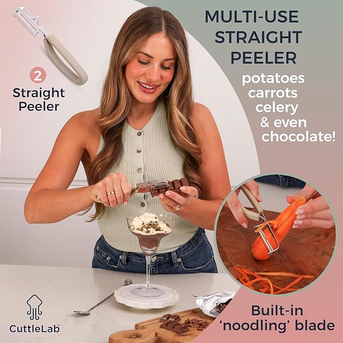 Vegetable Peeler Set – Serrated, Straight & Wide Blades- great apple peeler & potato peelers, Carrots, Zucchini, Cucumbers – Soft Grip Handle- Eye Remover – Dishwasher Safe (3, Country Chic)