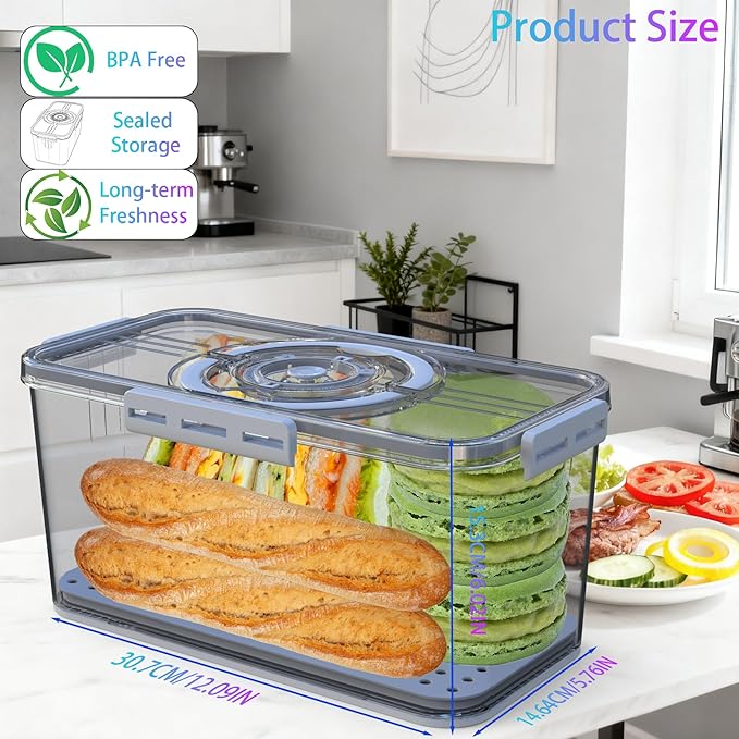 Bread Box with Lid and Handle,New Upgrade Time Recording Bread Storage Container for Kitchen Counter Airtight,Portable Bread Boxes for Homemade Breads, Toast, Bagel, Donut and Cookies(Grey)