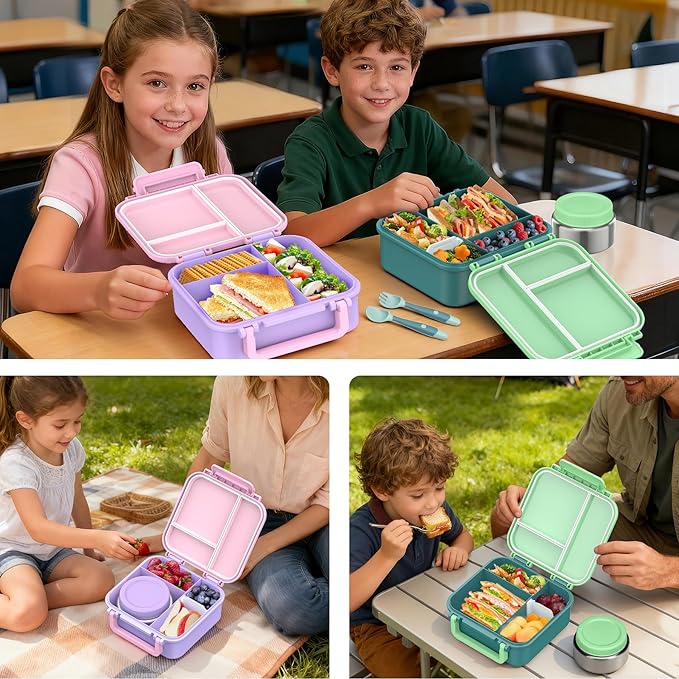 Bento Box for Kids with Soup Thermos(9oz)– Kid Bento Lunch Box with Leak Proof Insulated Food Jar, Hot & Cold Lunch Container Set for School Girls Boys, 4-Compartments, Dishwasher Safe, Green
