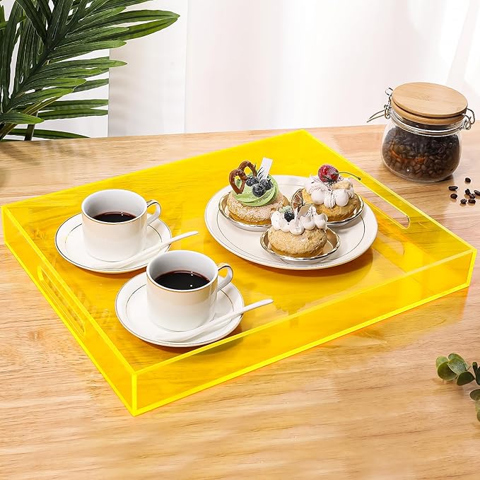Large Acrylic Tray Ottoman Coffee Table Tray with Handles 17x13'' Decorative Serving Platter for Food Tea Dinner Snack Eating Bar Party, Neon Yellow
