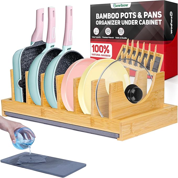 [Upgraded] Bamboo Pots and Pans Organizer under Cabinet, Bakeware and Cutting Board Organizers with Diatomaceous Earth Base & 7 PCS Adjustable Dividers, Tray Organizer for Kitchen Storage