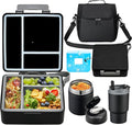 Bento Lunch Box for Kids with 17oz Soup Thermo,Insulated Tumbler Water Bottle and Insulated Lunch Bag,Leak-Proof 3 Compartment Lunch Food Container with Ice Pack for Kids to School-Black