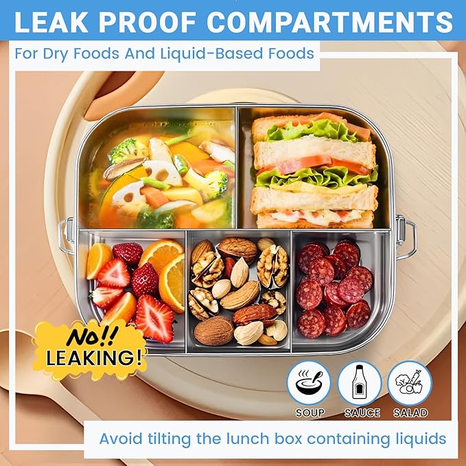 Leakproof Stainless Steel Bento Box (1600ml/54oz) with 5 Sealed Compartments, Metal Lunch Container for Women Adult, Metal Food Storage Lunch box for Work, Travel