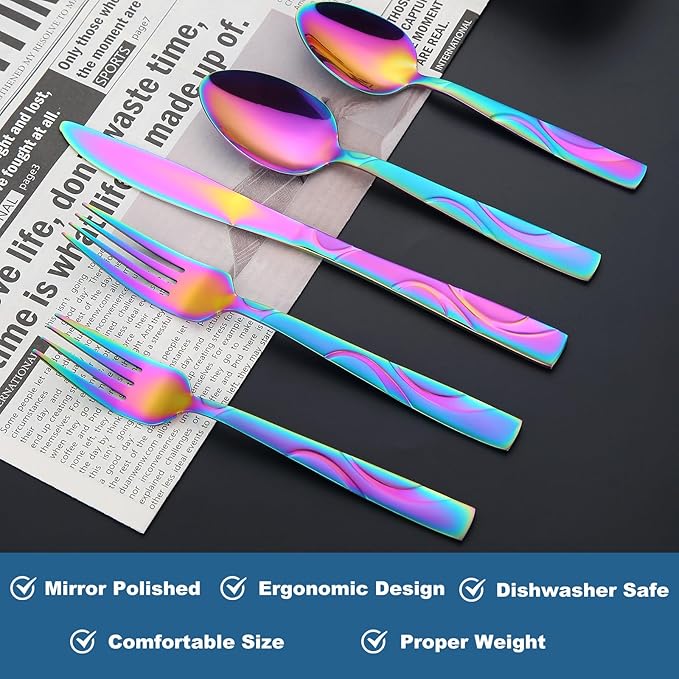 Rainbow Stainless Steel Flatware Set for 8, Ergonomic Silverware Set with Fork Spoon Knife, 40-Piece Colorful Cutlery Tableware Set - Dishwasher Safe