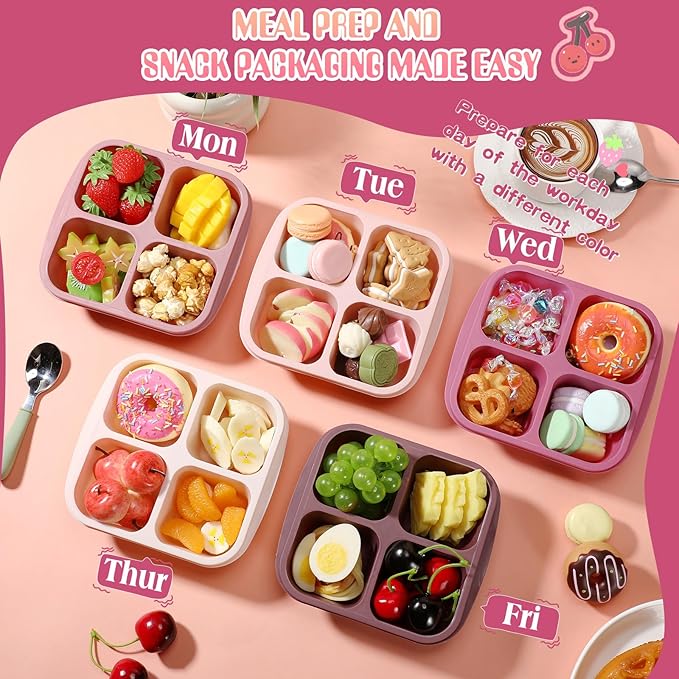 Honeydak 5 Pack Snack Containers 4 Compartment Bento Snack Boxes Reusable Lunchable Containers with Lids Divided Meal Prep Lunch Food Storage Box for School Work Travel(Rose Red Ombre,Equal)