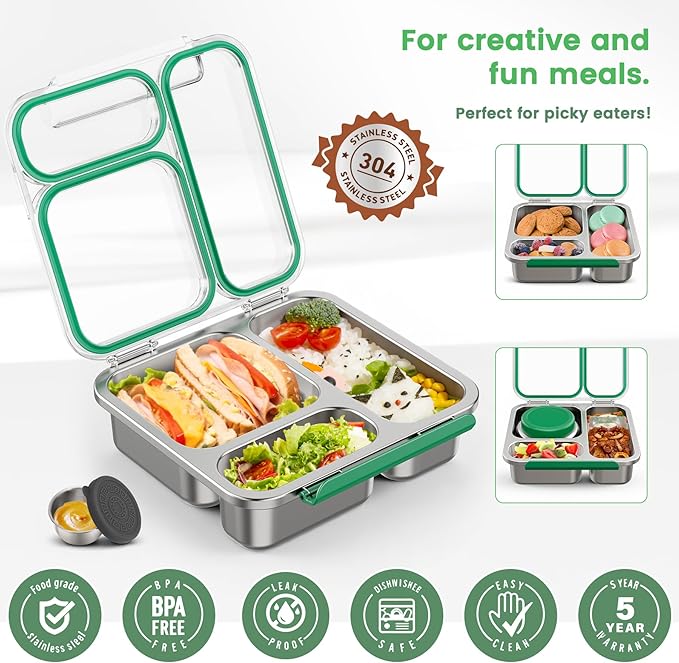 Stainless Steel Bento Box Kids Adult with 7oz Soup Thermo, Transparent Lid 3 Compartments Metal Bento Lunch Box with Insulated Food Jar,Lunch Box Container Sauce Cup for School,BPA-Free(Green)