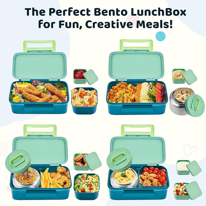 MAISON HUIS Kids Lunch Box with Thermo, Leakproof Bento Box with 8oz Insulated Food Jar, 2 Compartment Container for Back to School Girls Boys (Green)