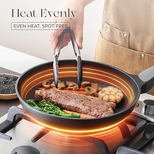 PRICUSIS Nonstick Frying Pan, 8/10/12 Inch Skillet with Stay Cool Handle, Fully Coated, Induction Compatible & Oven Safe, 100% Dishwasher Safe, PTFE & PFOA Free（12 Inch, Black Sesame）
