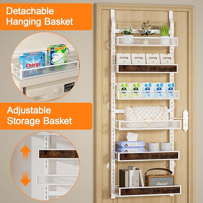 Over The Door Pantry Organizer,6 Tier Hanging Door Spice Rack with Adjustable Wood Basket and Acylic Basket,Metal Heavy Duty Door Storage Shelf for Kitchen Pantry and Bathroom