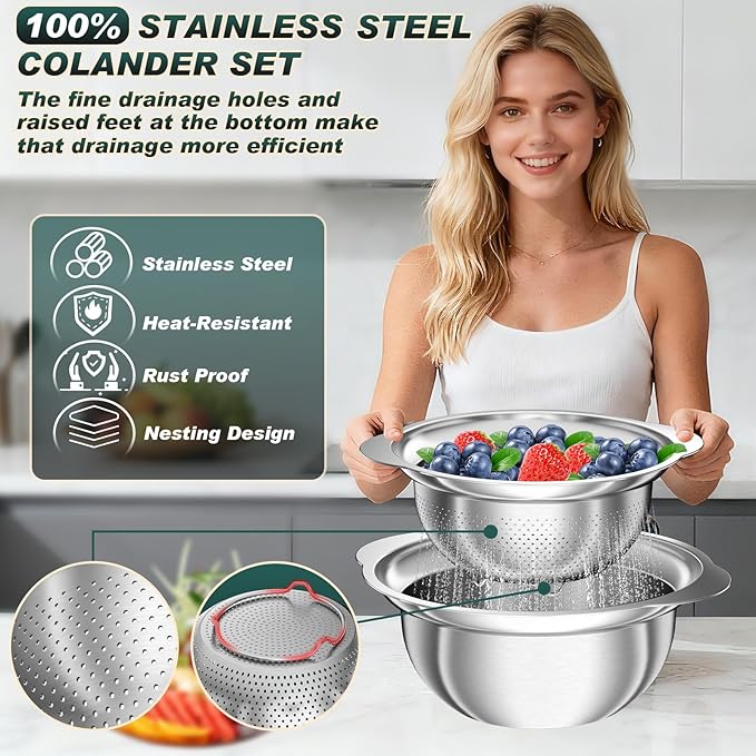 Stainless Steel Colander - 3Pcs Colander for Kitchen - Strainers and Colanders, Kitchen Presents, Food Strainer Basket with Handle for Veggie Wash, Fruits, Spaghetti, Pasta, 2QT, 2QT, 3QT Bowl