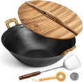 WANGYUANJI 13.4 Inch Cast Iron Wok with Wooden Lid and Stainless Steel Spatula, Flat Bottom Double-Handle Chinese Stir Fry Pan, Uncoated Cast Iron Wok for Induction, Gas and Electric Stoves