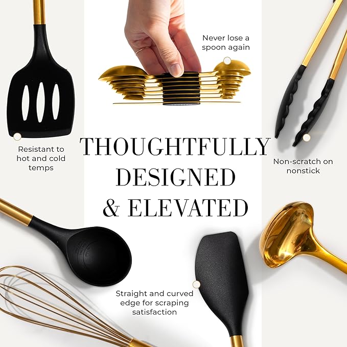Styled Settings Black and Gold Kitchen Utensils Set – 15-Piece Cooking Set Includes Black Silicone Utensils, Gold Utensil Holder, and Magnetic Measuring Spoons – Stylish Kitchen Accessories
