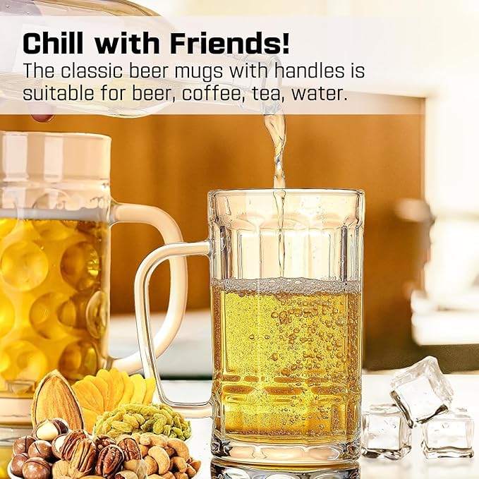 20oz Heavy Glass Beer Mug Set of 6 with Handle,Beer Mugs for Freezer, Large Glass Beer Stein