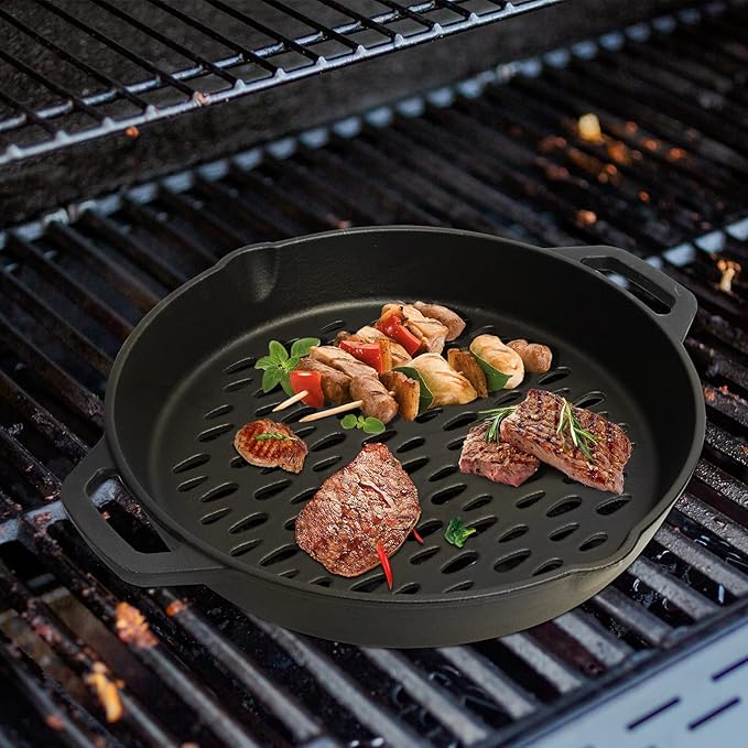 Round Cast Iron Grill Baskets for all Charcoal Smoker and Gas Grills,12 Inch Nonstick Cast Iron Grill Pan Tray Could Cooking Veggie Meat Fish -Dual Handle Grill Basket for All Outdoor Grills