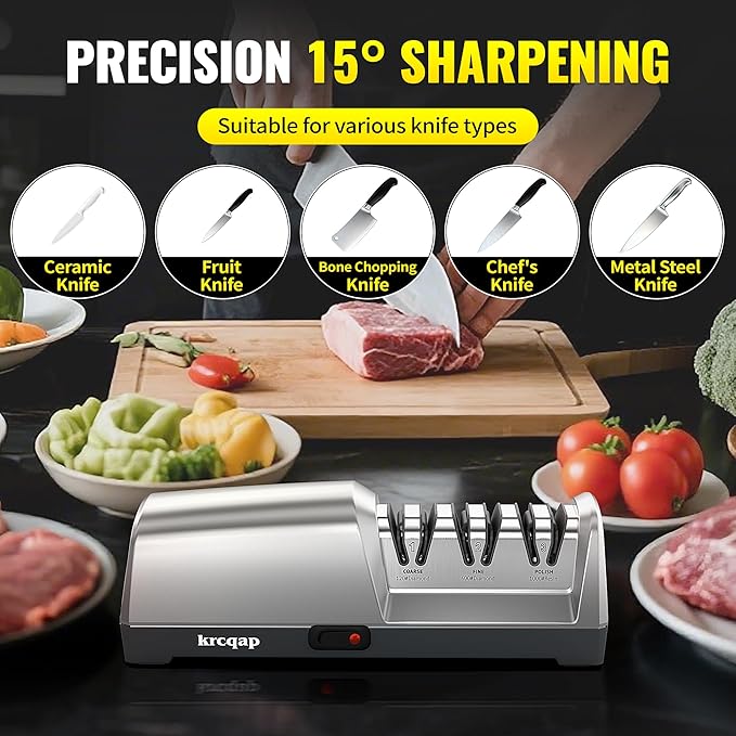 Knife Sharpener Electric for Kitchen - Kitchen Knife Sharpener 3-Stage - 15-Degree EdgeSelect Angle - Knife Sharpeners 100% Diamond Abrasive - Fast Sharpening, Repair, Restore, Polish (Silver)