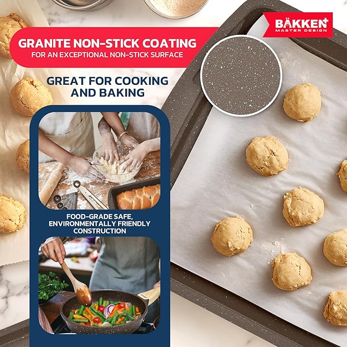 Bakken Master 20 Piece Cookware Set - Pots and Pans with Handle Grips and Tempered Glass Lids, With 6-piece Bakeware Set, Nonstick Granite Coating, Ceramic Max Temperature (Up To 500°F), Brown Marble
