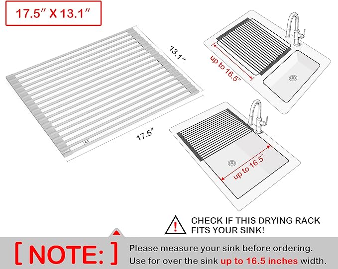 Surpahs Roll-Up Dish Drying Rack, Warm Gray, 17.5" x 13.1", Fits Sinks up to 16.5" Wide, Silicone-Coated Stainless Steel