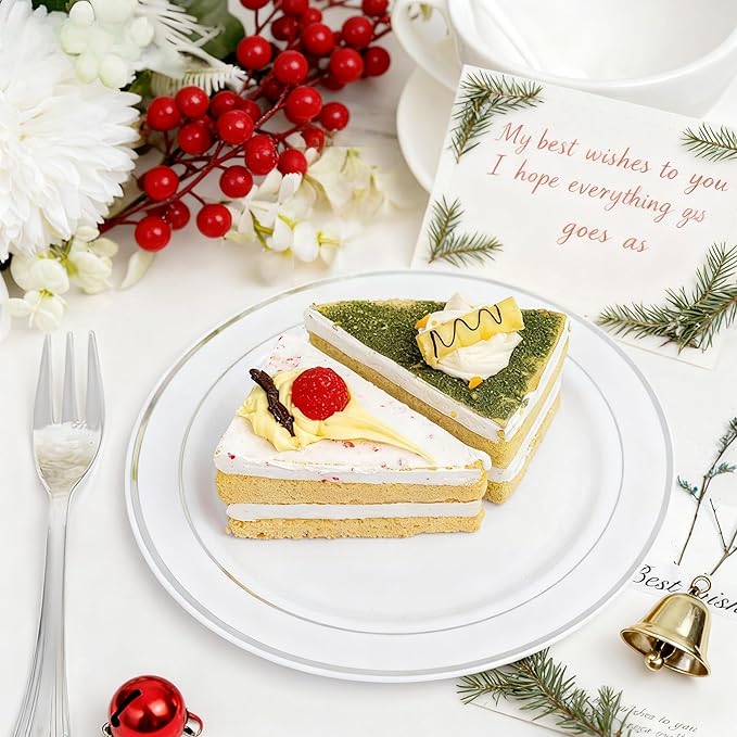 WELLIFE 240PCS Silver Plastic Dessert Plates - Includes 120PCS Silver Forks, 120PCS 6.3 Inch Salad & Appetizer Plates - Perfect for Weddings & Parties