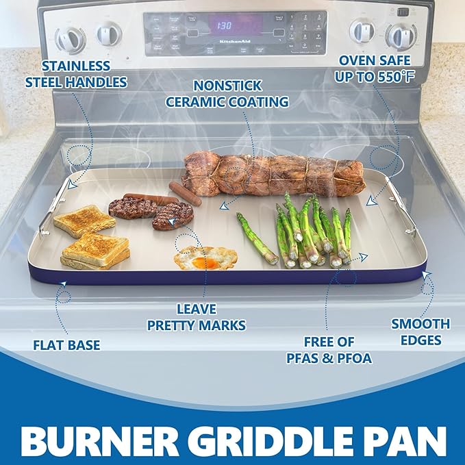 SafBbcue 20" x 13" Ridged Surface Griddle Pan, Double Burner Non-Stick Ceramic Coated, for Outdoor Gas Pellet Grill Stove Top, Oven & Broiler for Weber Charbroil Camp Chef Grill, Blue