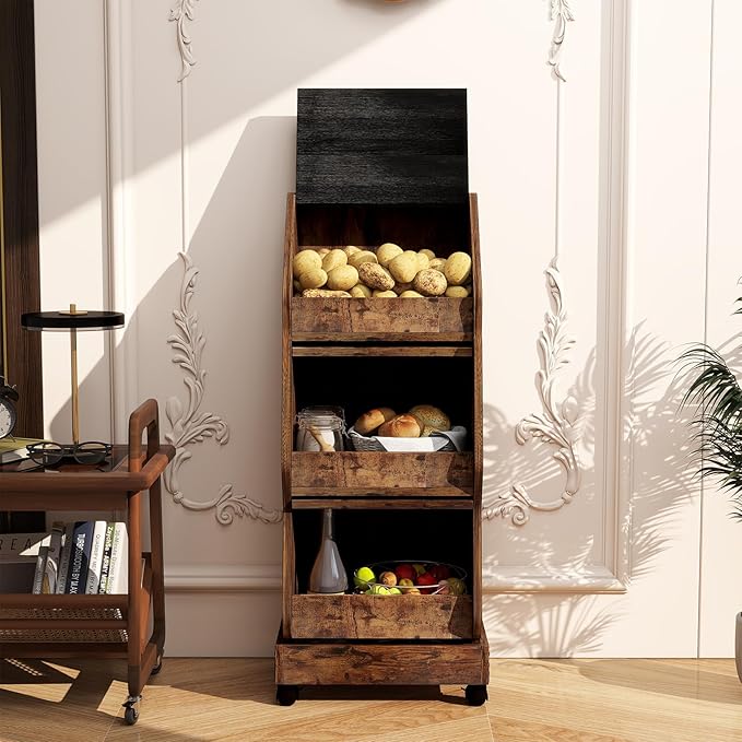 ARTETHYS Potato Storage Bin Movable Bread Box with Lid Rustic and Wheels Onion Organizer with Grocery Section Decorative Vegetable Organization Cabinet for Kitchen