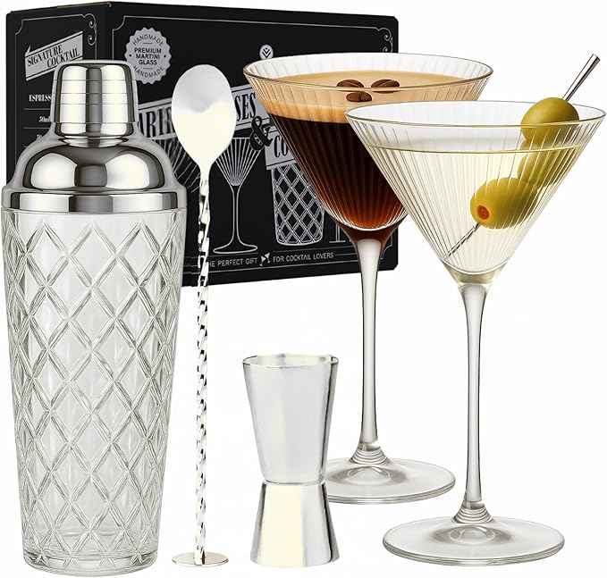 VEMACITY - Silver Luxury Home Mixology Cocktail Shaker Set with Silver Accessories + 2 Ribbed Espresso Martini Glasses - Glass Shaker with Built-In Strainer | Ideal for Christmas & New Years