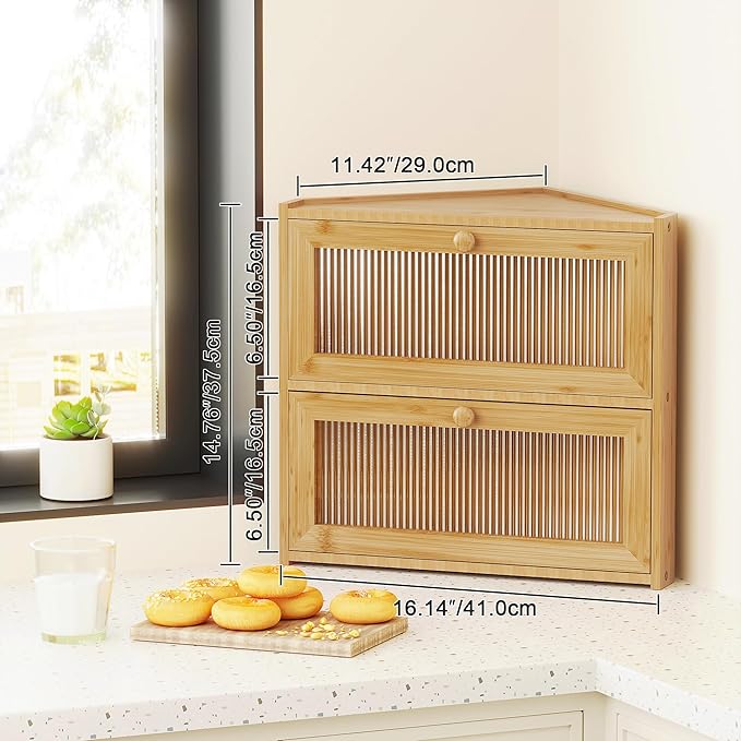 BAMBANG Corner Bread Box for Kitchen Countertop, Double Layer Bamboo Bread Storage Container with Wavy Windows, Farmhouse Large Bread Bin, Wooden Breadbox Holder for Homemade Bread, Natural