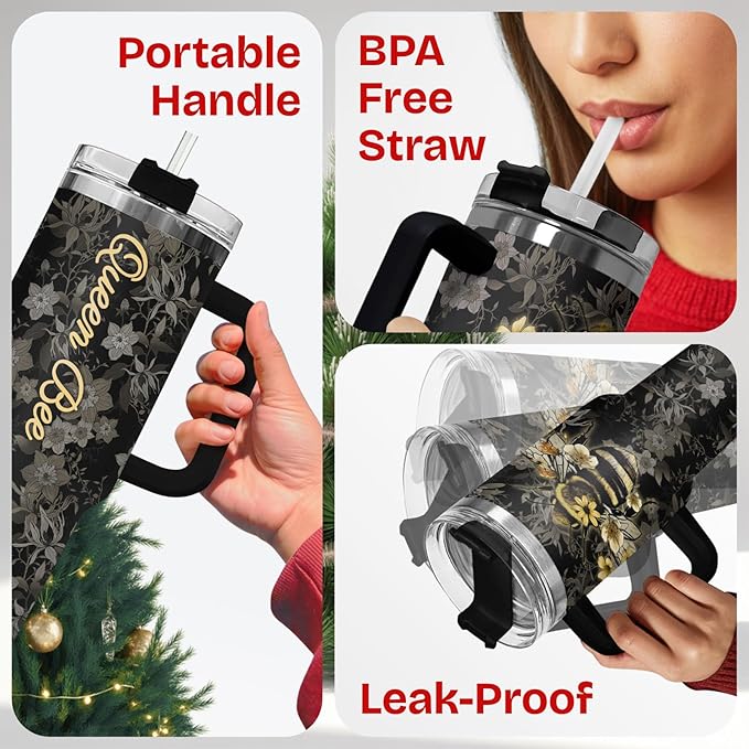 34HD Queen Bee Tumbler with Handle & Straw, 40oz Stainless Steel Vacuum Insulated Coffee Mug, Honey Bee Gifts for Birthday Mothers Day Christmas, Gifts for Women Teachers Mom Daughter Friend