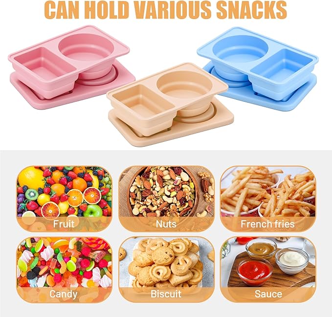 3 Pack Reusable Snack Containers with Lids, Silicone Double Compartment Snack Box Container, Small Mini Snack Pack Containers for Travel, Picnic, Work