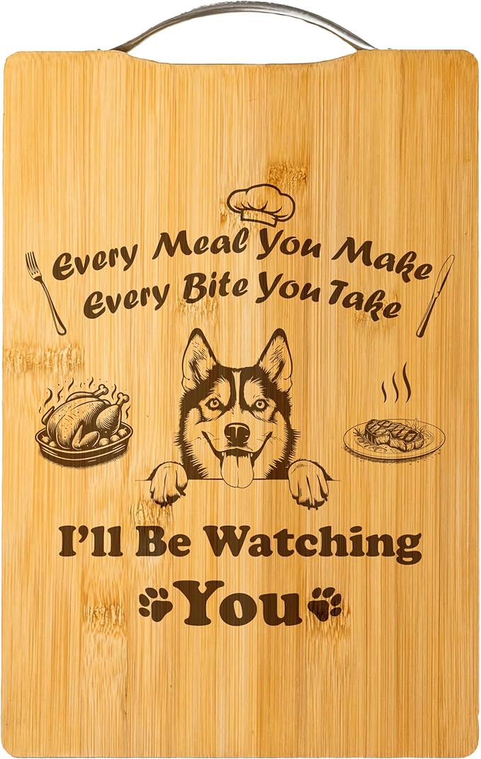 Personalized Engraved Cutting Board, Holiday Handmade Gift, Funny Dog Gift for Dog Moms, Kitchen Decor – I’ll Be Watching You (Husky)