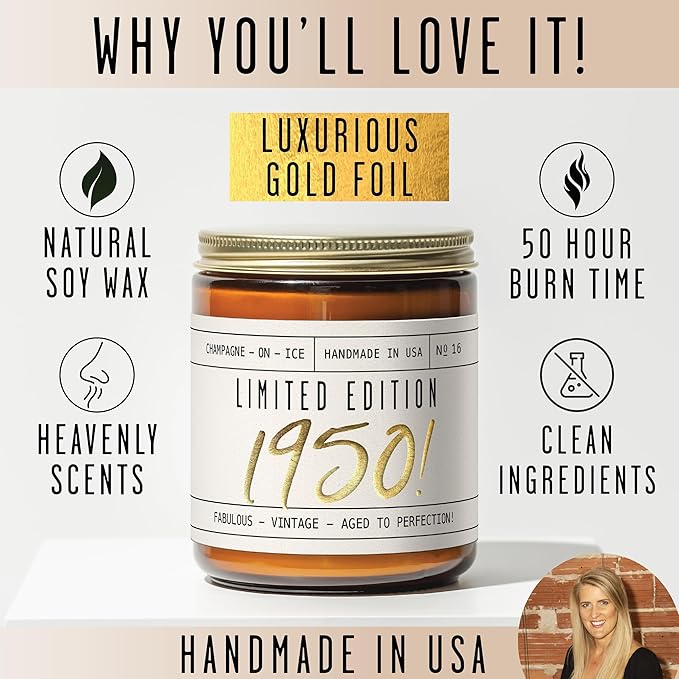75th Birthday Gifts for Girls - 'Limited Edition 1950' Soy Candle, w/Champagne on Ice I 75 Birthday Gifts for Women I 75th Gift for Her Ideas I 9oz Reusable Jar, 50Hr Burn, Made in USA