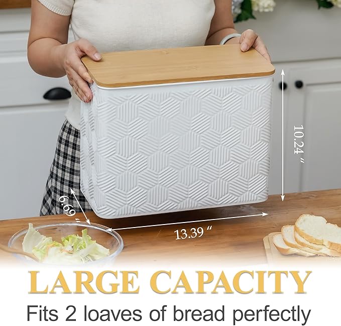 Extra Large Bread Box for Kitchen Countertop Corner Breadbox for Homemade Bread Metal White Hexagon Stripe Pattern Embossed Storage Container Bin with Bamboo Lid Fits 2 Loaves of Bread