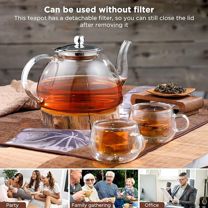Glass Teapot, 1300ml/44 oz Stovetop Safe Glass Teapot with Removable Stainless Infuser for Loose Leaf Tea, Hot/Iced Water, Juice Beverage