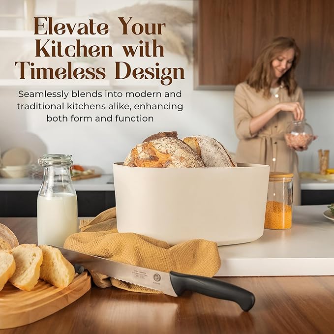 Extra Large Bread Box for Kitchen Countertop with 2 Bread Bags - Sturdy Modern Construction, Ribbed Design Keeps Bread Fresh Longer - Large Sourdough Bread Box with Cutting Board Lid (White)