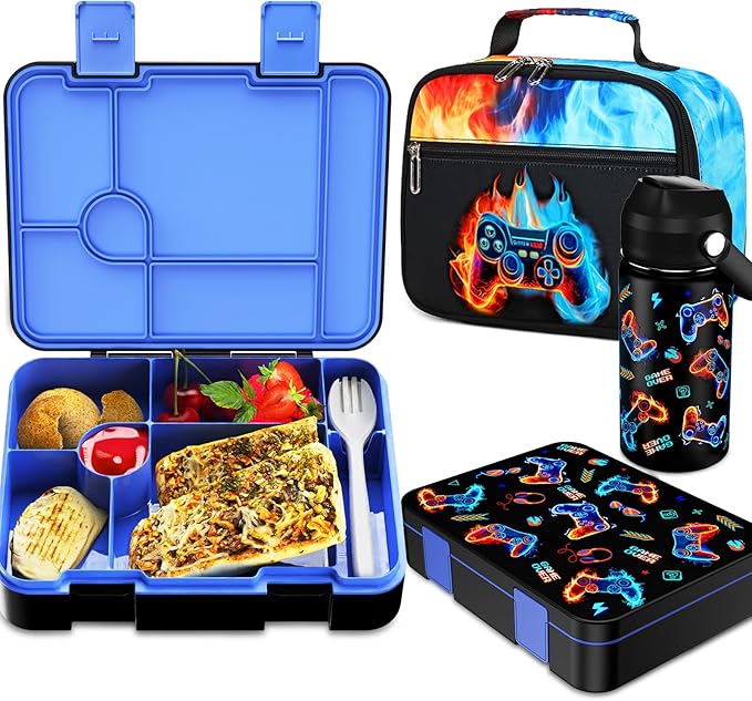 Bevalsa Kids Bento Lunch Box with 6 Compartment, Stainless Steel Metal Water Bottle, Insulated Bag & Utensils, BPA-Free Leakproof Food Container for School Boys Girls, Back To School Gift