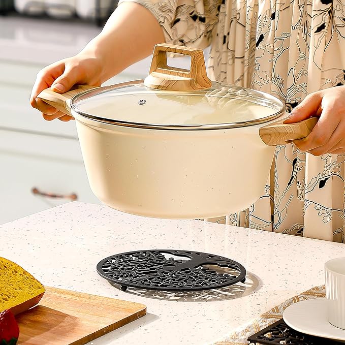 2 Pcs Cast Iron Trivet for Hot Dishes 7.1 Inch Metal Tree Trivet Set Dutch Oven Accessories Decorative Heat Resistant Tree Trivets with Rubber Feet Caps and Ring Hanger for Hot Pots and Pans