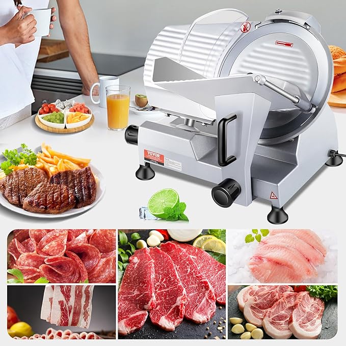 VEVOR Commercial Meat Slicer, 10 inch Electric Food Slicer, 240W Frozen Meat Deli Slicer, Premium Chromium-plated Steel Blade Semi-Auto Meat Slicer For Commercial and Home use