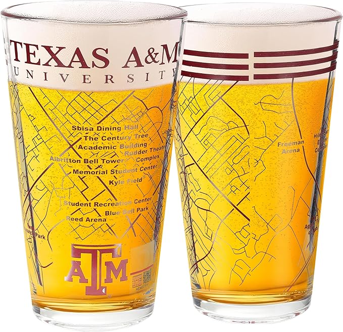 Greenline Goods – University of Texas A&M Aggies College Pint Beer Glasses (Set of 2), 16 oz – Full-Color Logo + Campus Map