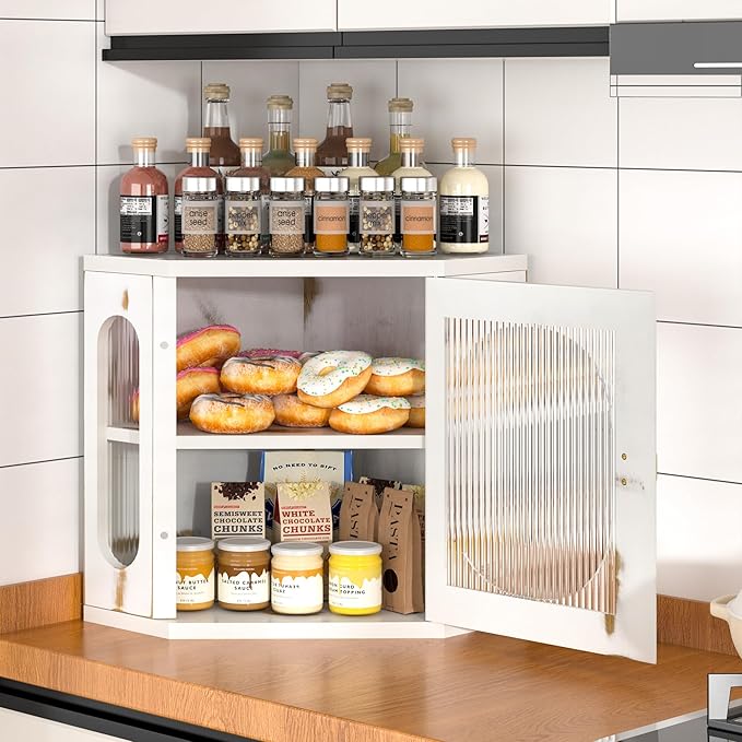 Corner Bread Box for Kitchen Countertop, Large Wooden Bread Box, Double Layer Bread Storage Bin, Bamboo Breadbox for Homemade Bread, Farmhouse Kitchen Organizer with Acrylic Window