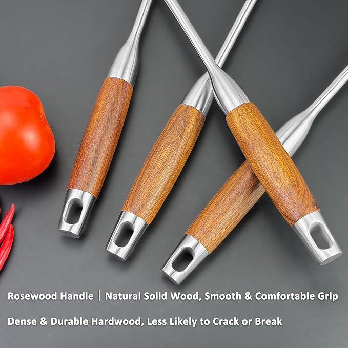 18/10 Stainless Steel Kitchen Utensils Set 6 Pcs Cooking Utensil with Wood Handle, 15.5” Long Spatula, Soup spoon, Leaking shovel, Spaghetti Spoon Kitchen Tools Set (Wood handle - 6 Piece)