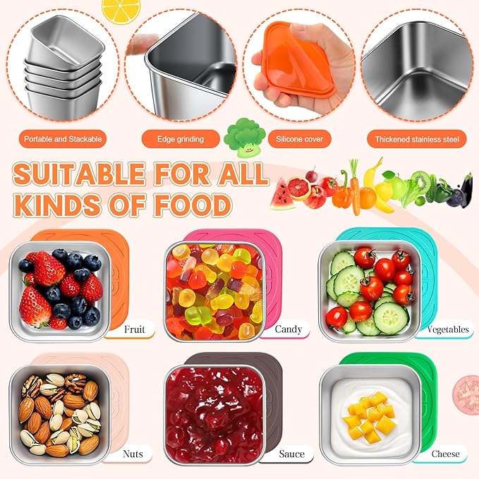8 Pack Stainless Steel Small Storage Containers with Silicone Lids, 6oz Reusable Mini Portion Cups, Leak-Resistant Metal Containers for Snacks, Sauce, Meal Prep & On-the-Go