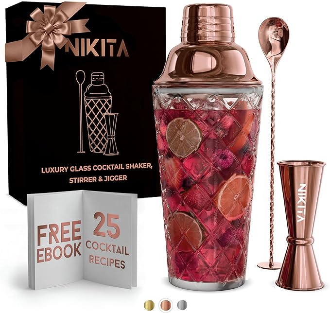 Glass Cocktail Shaker Set - 5 Piece - Rose Gold Martini Shaker Set with Strainer, Jigger, Spoon & Muddler - 16 oz Drink Shakers Cocktail - Ideal Gift for Home Bar & Drink Trolley Décor