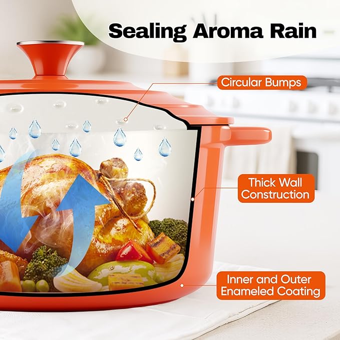 6 Quart Dutch Oven Pot with Lid, Non Stick Enameled Cast Iron Dutch Oven for Bread Baking, Heavy-Duty, Oven Safe Ceramic Cookware Up to 500°F for Baking, Braising, Stews, Roasting, Orange