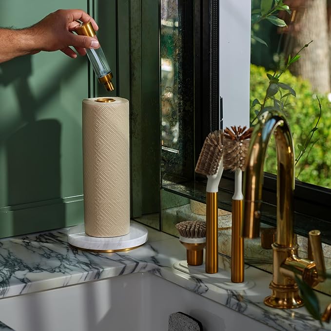 Curio Home Goods Obscura Paper Towel Holder plus Spray Bottle, Stainless Steel and Marble, Gold/White