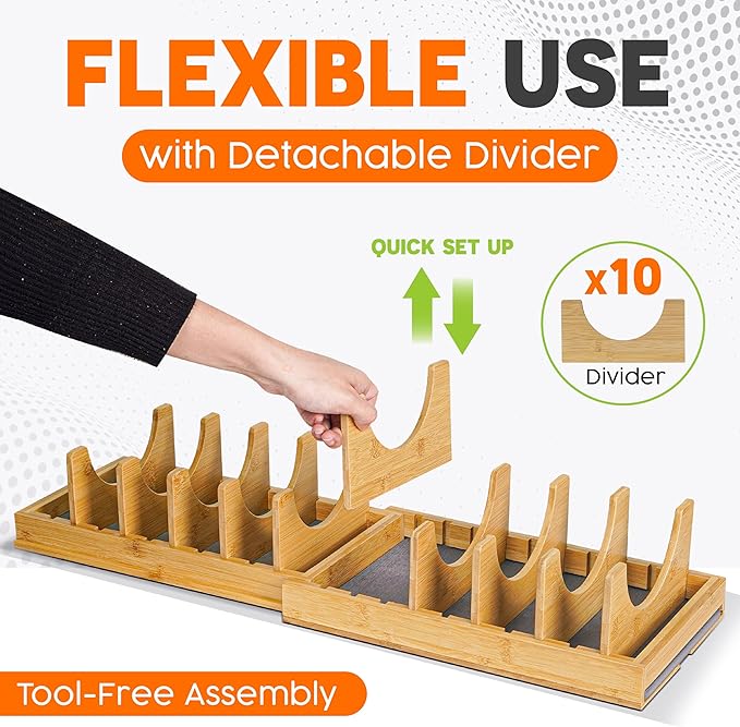 [Adjustable] Bamboo Pots and Pans Organizer under Cabinet, Expandable Bakeware & Cutting Board Organizers with Diatomaceous Earth Base & 10 PCS Adjustable Dividers, Tray Organizer for Kitchen Storage