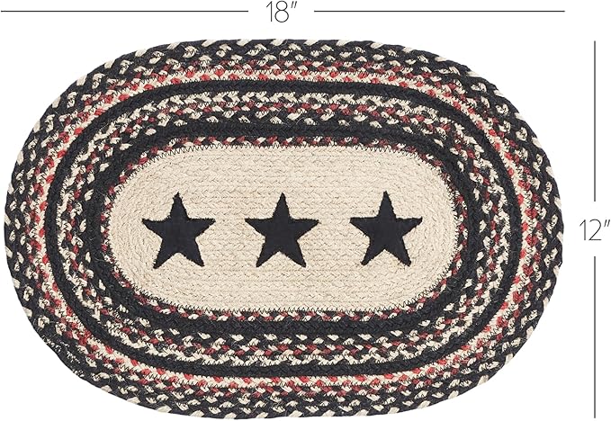 VHC Brands Primitive Colonial Star Table Placemat, Tan Black Red, Jute Blend, Oval, 12x18 Inches