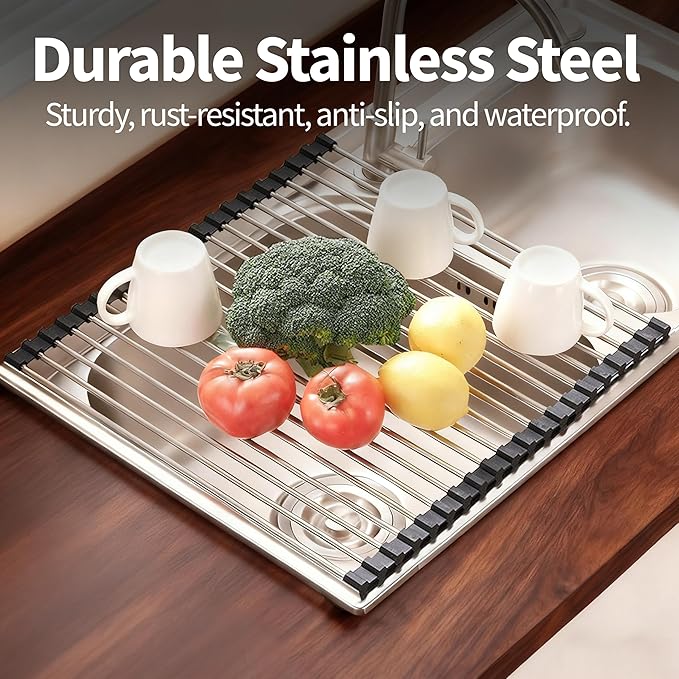Roll Up Dish Drying Rack for Over Sink - 17.5"x15.7" Foldable Stainless Steel Kitchen Drainer, Black