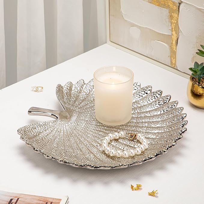Silver Leaf Decorative Serving Tray for Table Centerpiece – 12" Ceramic Leaf-Shaped Trinket Dish, Candle Tray, Vanity Organizer, Coffee Table Decor, Modern Glam Home Decor, Gifts for Women